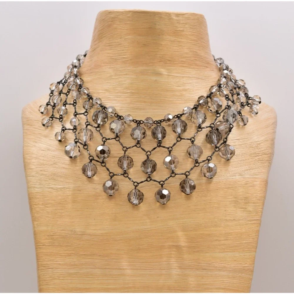 Banana Republic Vintage Glass Crystal Collar Bib Necklace Gray Statement BinBL